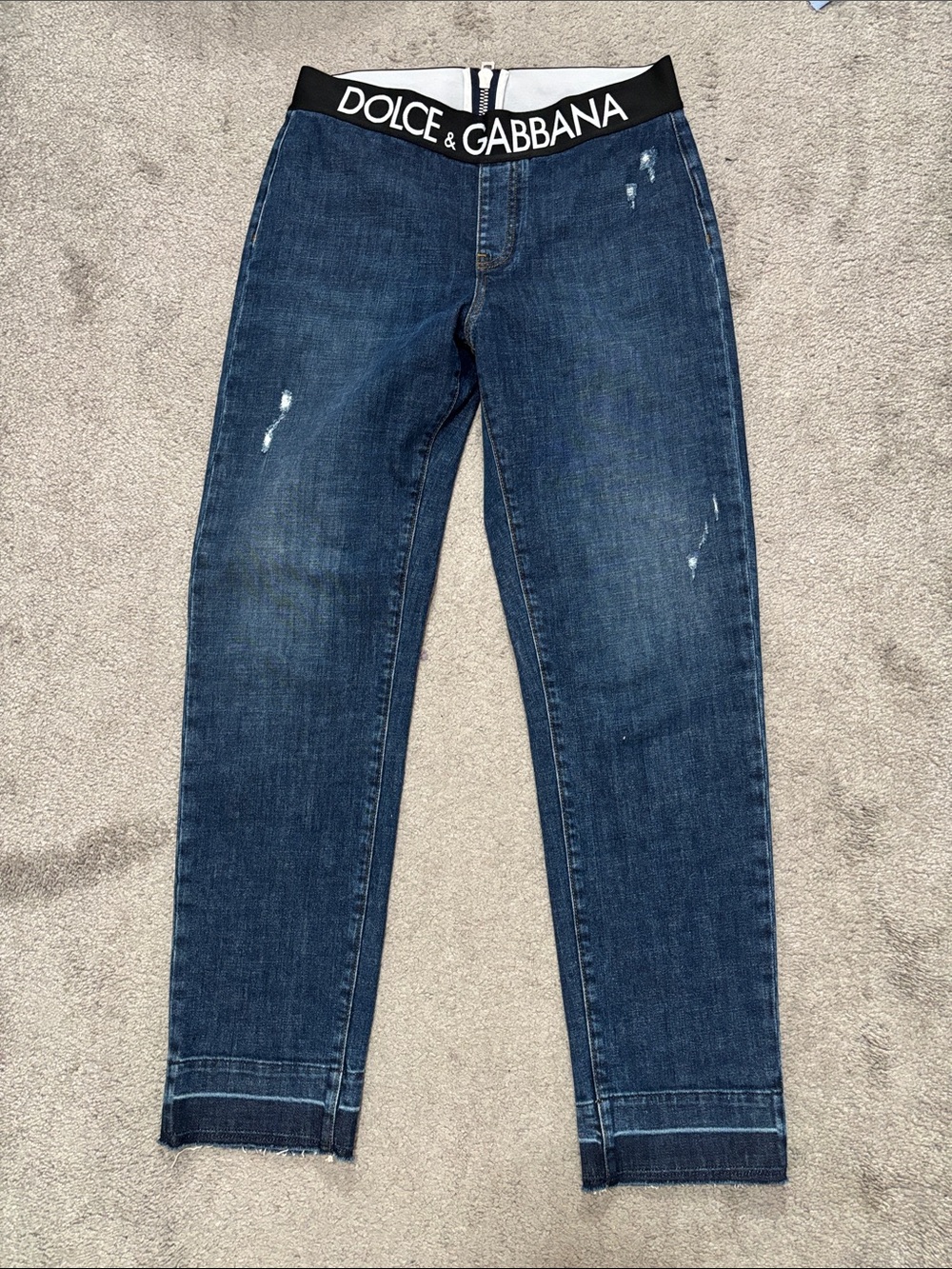 Dolce & Gabbana Blue Slim Straight Jeans with Black Waistband and Zip